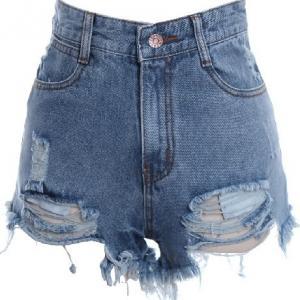 Blue High Rise Denim Shorts Featuring Distressed..