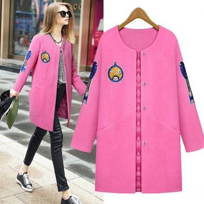Patchwork Long Woolen Coat with Cre..