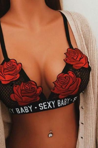 Sexy Fashion Rose Embroidery Letter Print Strap Underwear Bralette Brassiere Bra Ed62544